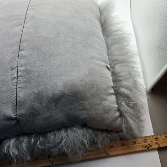 Tahari Wool Fur Fluffy Decorative Throw Pillow Light Green and Gray - Picture 10 of 12